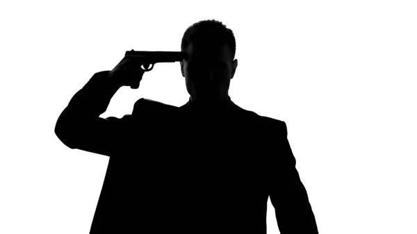 Zakenman Silhouet Aanwijsapparaat Pistool Naar Zijn Hoofd Failliet Zelfmoord — Stockfoto