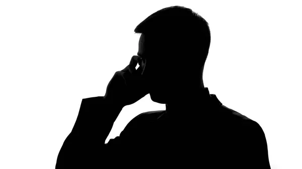 Человек Костюме Отвечает Деловые Звонки Силуэт Разговаривает Мобильному Телефону Закрывается — стоковое фото