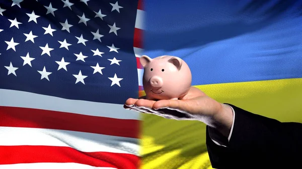 Oss Investeringar Ukraina Affärsman Handen Håller Piggybank Flagga Bakgrund — Stockfoto