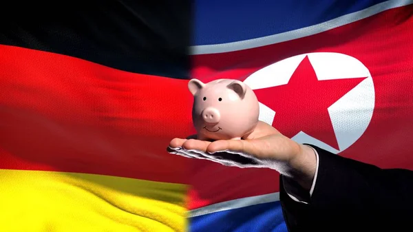 Alemanha Investimento Coreia Norte Mão Segurando Piggybank Fundo Bandeira — Fotografia de Stock