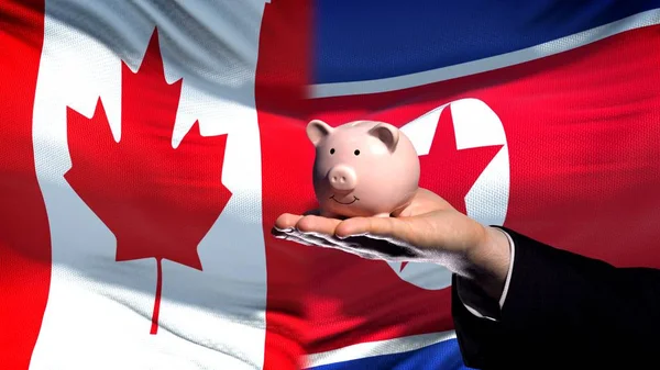 Canada Investeringen Noord Korea Hand Hebt Spaarpot Vlag Achtergrond — Stockfoto
