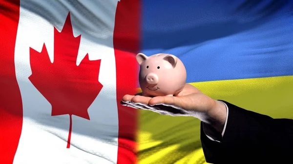 Canadá Inversión Ucrania Hombre Negocios Mano Celebración Bandera Piggybank Fondo —  Fotos de Stock