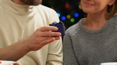Veren hediye kutusu ile kadın takı adamım, yeni yıl arifesi, closeup sürpriz