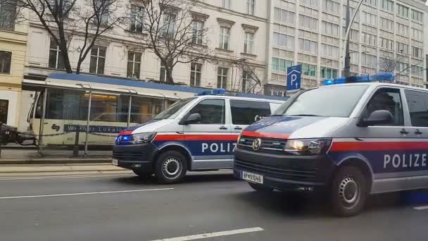 Politie Auto Met Knipperende Lichten Weg Van Stad Recht Orde — Stockvideo