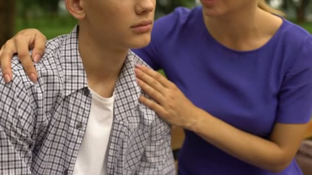 Mother Supporting Her Upset Son Listening His Problems School Bullying — Stock Video