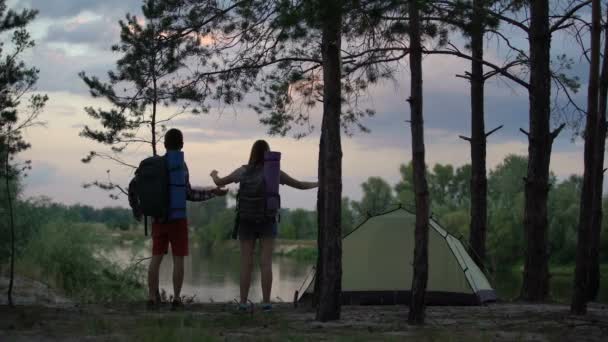 快乐的露营者举起双手在先行者 享受河景 后背景观 — 图库视频影像