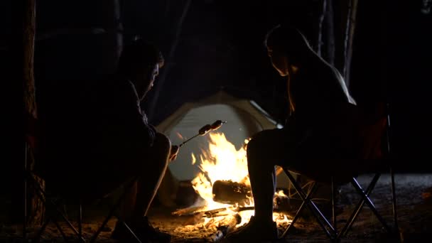 Amigos Asar Salchichas Sobre Llama Fogata Abierta Ramas Madera Descansar — Vídeos de Stock