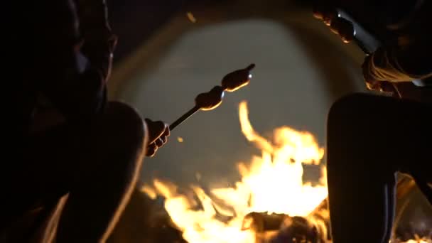 公司烤香肠在篝火火焰 野餐在树林里 徒步和休息 — 图库视频影像