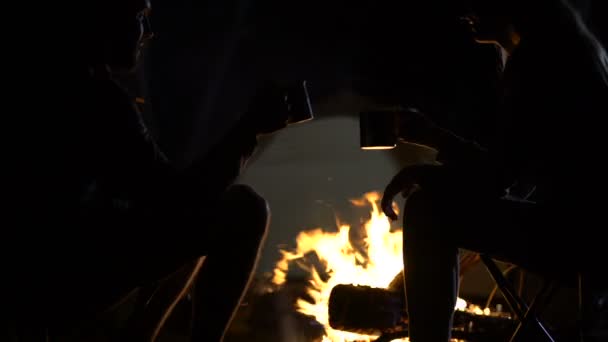 Married Couple Clinking Cups Drinking Alcohol Campfire Anniversary — Stock Video