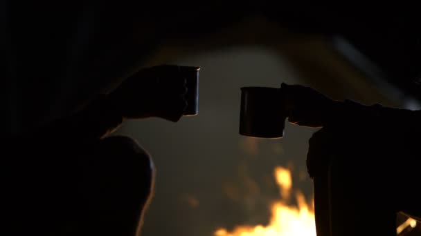 Copos Ferro Com Bebidas Contra Fogueira Tenda Clinking Juntos Close — Vídeo de Stock