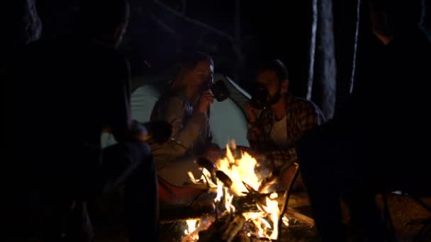 Grupo Campistas Sentados Alrededor Fuego Beber Alcohol Salchichas Parrilla Diversión — Vídeo de stock