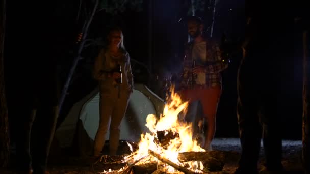 Acampadores Sorridentes Torno Fogueira Com Garrafas Cerveja Tendo Grande Momento — Vídeo de Stock