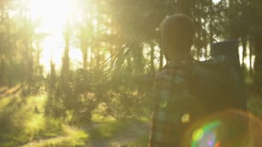 Ormanda, köknar dalı uzakta, kamp severler hareketli insan yürüme backpackers Grup