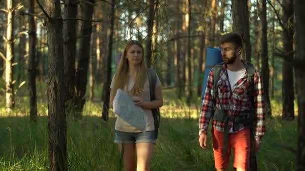 Çekici Genç Kampçılar Gezinti Sağ Yol Arama Için Ormanda Haritaya — Stok video