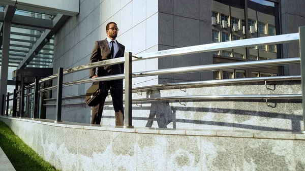 Afro American Manager Leaving Business Center Successful Meeting Routine — Stock Photo, Image