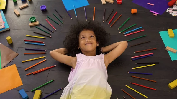 Cute Curly Preschool African American Girl Floor Thinking Holidays — Stock Photo, Image