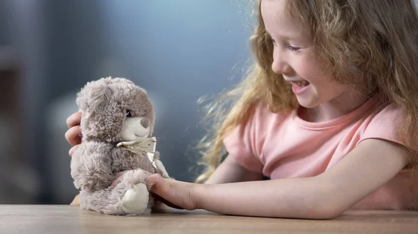 Cheerful Curly Blond Girl Playing Teddy Bear Laughing Leisure Activity — Stock Photo, Image