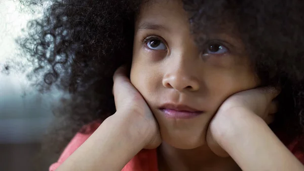 Sad Lonely African American Girl Looking Thinking Family Closeup — Stock Photo, Image