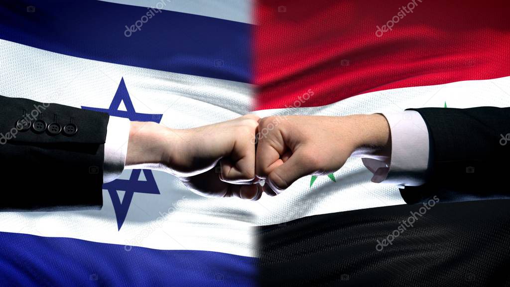 Israel vs Syria conflict, international relations, fists on flag background