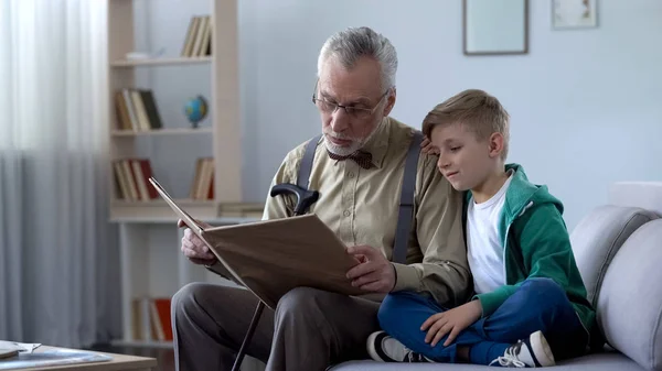 Kind Old Man Reading Fairy Tale Grandson Docile Boy Leaning — Stock Photo, Image