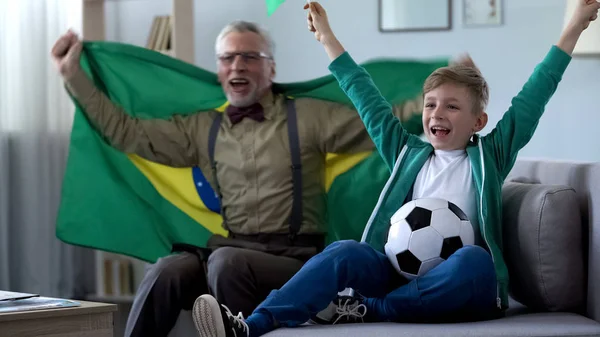 爷爷挥舞着巴西国旗 和男孩一起欢欣鼓舞 为足球队的胜利而欢欣鼓舞 — 图库照片