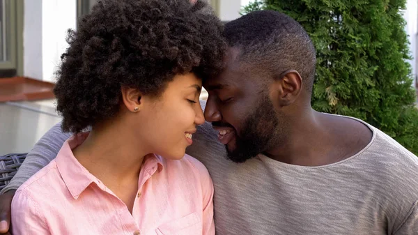 Young Man Woman Nuzzling Romantic Date Cafe Garden Tender Relations — Stock Photo, Image