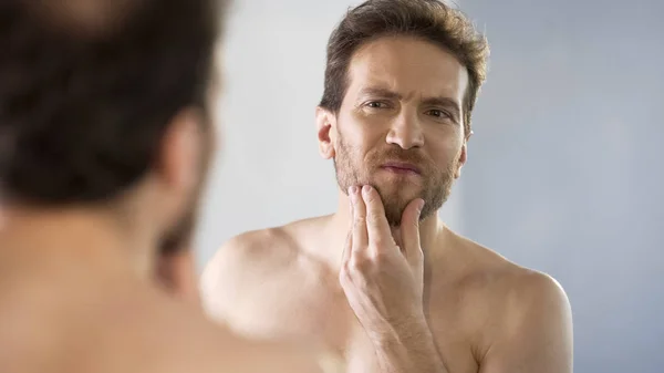 Middle Aged Man Critically Looking His Beard Mirror Morning Ritual — Stock Photo, Image