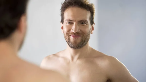 Narcissistic Middle Aged Man Admiringly Looking His Reflection Mirror — Stock Photo, Image