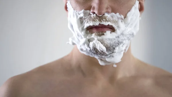 Middle Aged Male Disappointed Angry Because Quality New Shaving Foam — Stock Photo, Image