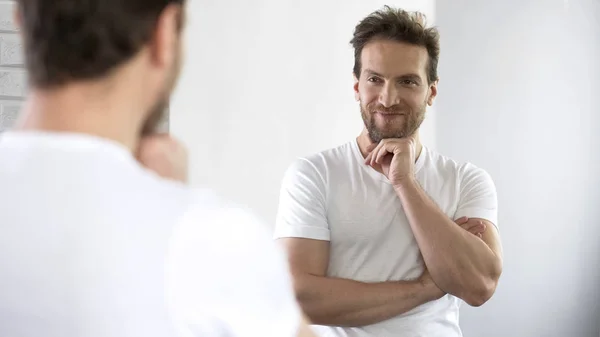 Handsome Male Posing Mirror Feeling Happy Cheerful Satisfied Life — Stock Photo, Image