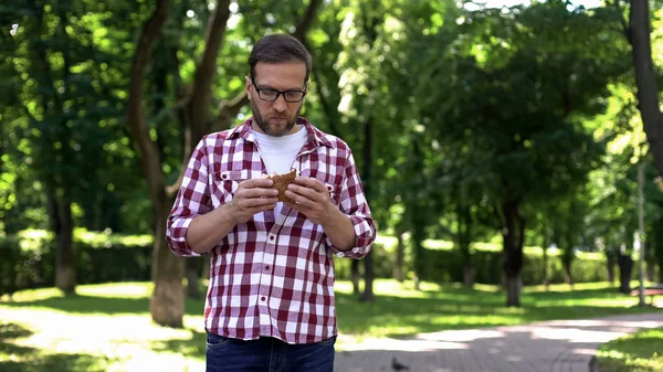 Type Mâchant Hamburger Fast Food Dans Parc Qui Des Nausées — Photo