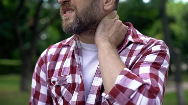 Bearded Man Massaging Neck Joint Inflammation Spinal Disease Health — Stock Photo, Image