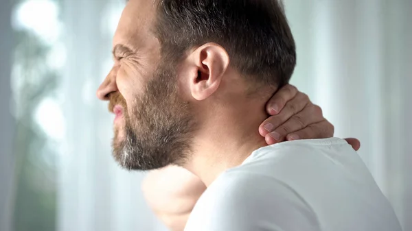 Caucasian Male Massaging Neck Feeling Discomfort Spinal Problem Body Care — Stock Photo, Image