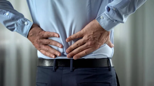 Persona Negocios Que Siente Dolor Lumbar Inflamación Los Nervios Trastorno — Foto de Stock