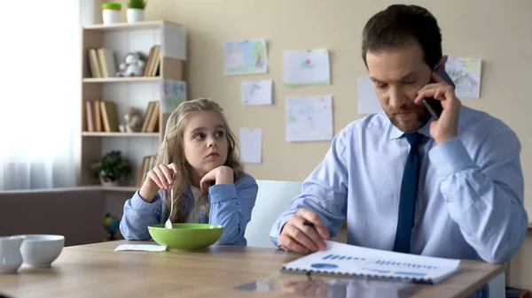 Sad Daughter Looking Busy Father Ignoring Her Lack Parental Attention — Stock Photo, Image