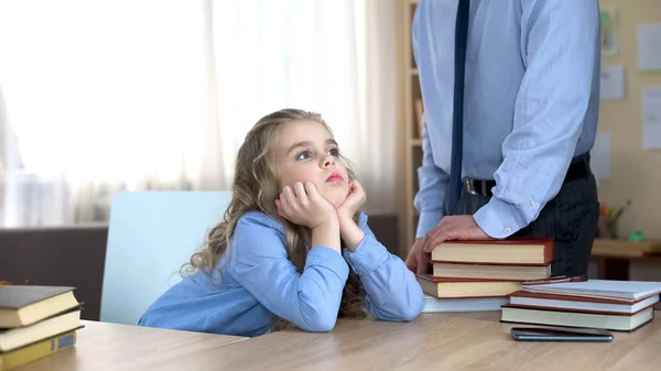 Offended Little Girl Neglecting Homework Ignoring Daddys Remarks Conflict — Stock Photo, Image