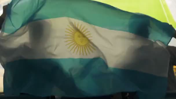 Famille Avec Enfant Agitant Drapeau Argentin Regardant Match Football Stade — Video