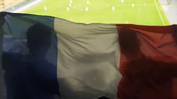 Französische Fanfamilie Mit Kind Schwenkt Nationalflagge Und Jubelt Für Fußballmannschaft — Stockvideo