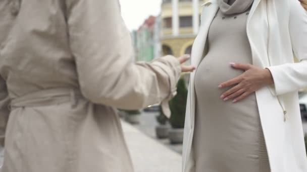Attendre Que Femme Parle Ami Extérieur Caresser Ventre Bonheur Maternité — Video