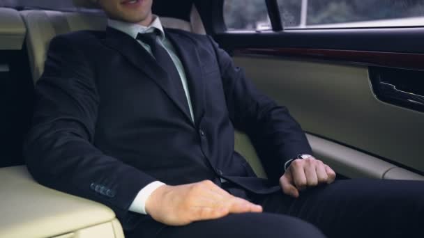 Businessman Riding Backseat Luxury Car Late Meeting Time Management — Stock Video