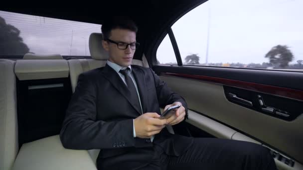 Businessman Receiving Bad News Riding Luxury Car Unsuccessful Investment — Stock Video