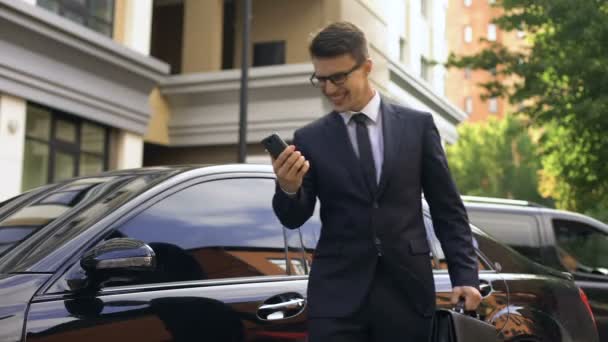 Businessman Dancing Young Office Worker Getting Promotion Talking Phone — Stock Video