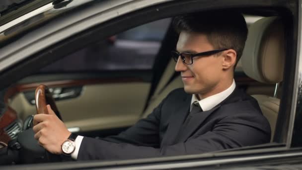 Conducteur Classe Affaires Assis Dans Voiture Satisfait Son Nouvel Emploi — Video