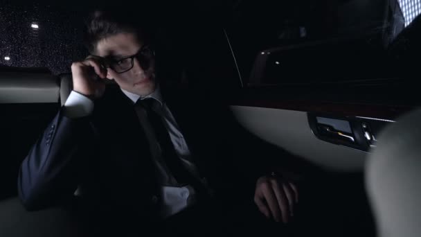 Overworked Businessman Taking Glasses Sitting Back Seat Car Tiredness — Stock Video