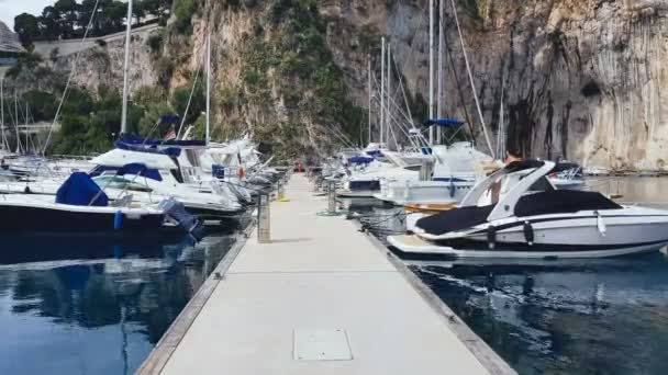 Sailboats Docked Harbor Yachts Pier Sea Summer Recreation Cruise Vacation — Stock Video