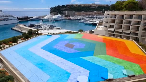 Colorful pool on hotel roof, sea-going vessels on sea, ad of comfortable rest — Stock Footage Colorful Pool Hotel Roof Sea Going Vessels Sea Comfortable Rest Royalty Free Stock Footage