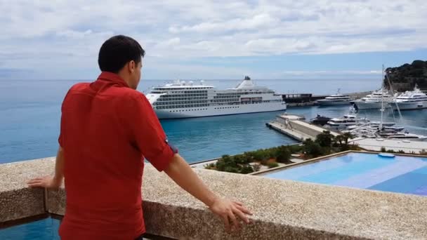Businessman Casual Clothes Observing His Yacht Port View Terrace — Stock Video