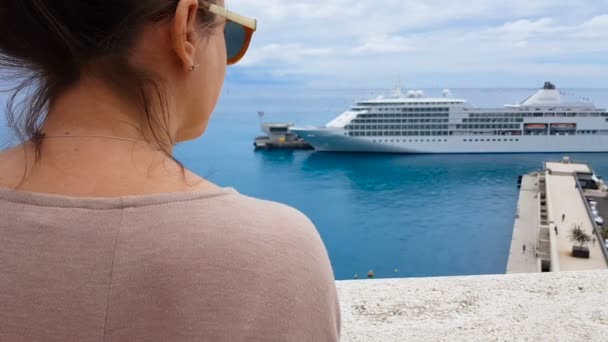 Turista Admirando Paisagem Marítima Com Navio Cruzeiro Viagens Confortáveis Transporte — Vídeo de Stock
