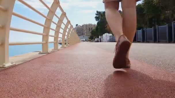 Primer Plano Las Piernas Señora Caminando Largo Pavimento Contaminado Concepto — Vídeos de Stock