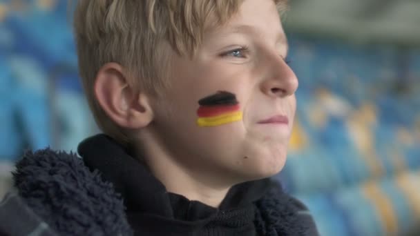 Happy German Fan Supports Football Team Stadium Celebrating Victory Young — Stock Video